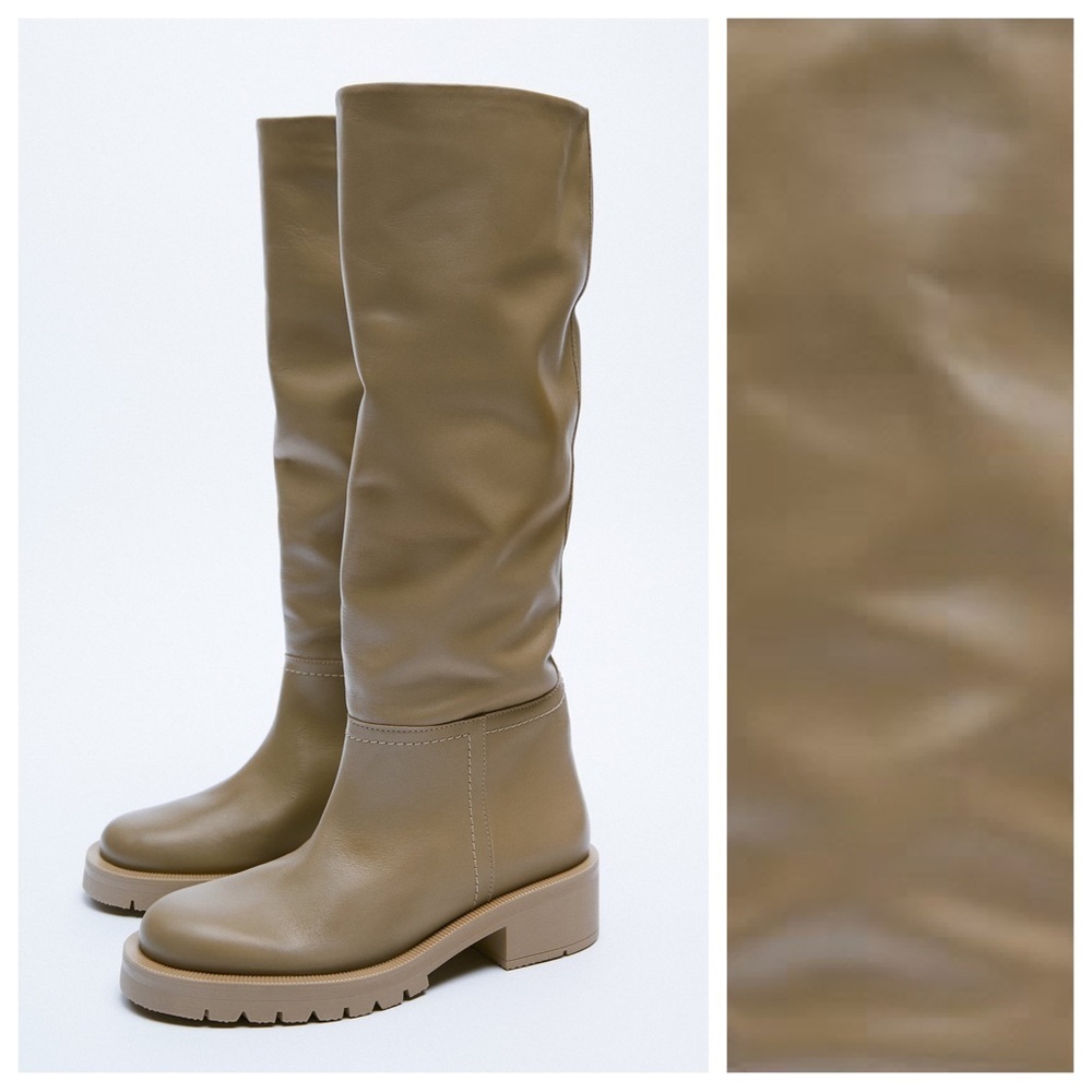 NWT. Zara Sand Brown Leather Low-Heel Knee High Boots with Topstitching. Size 8. - Picture 2 of 6